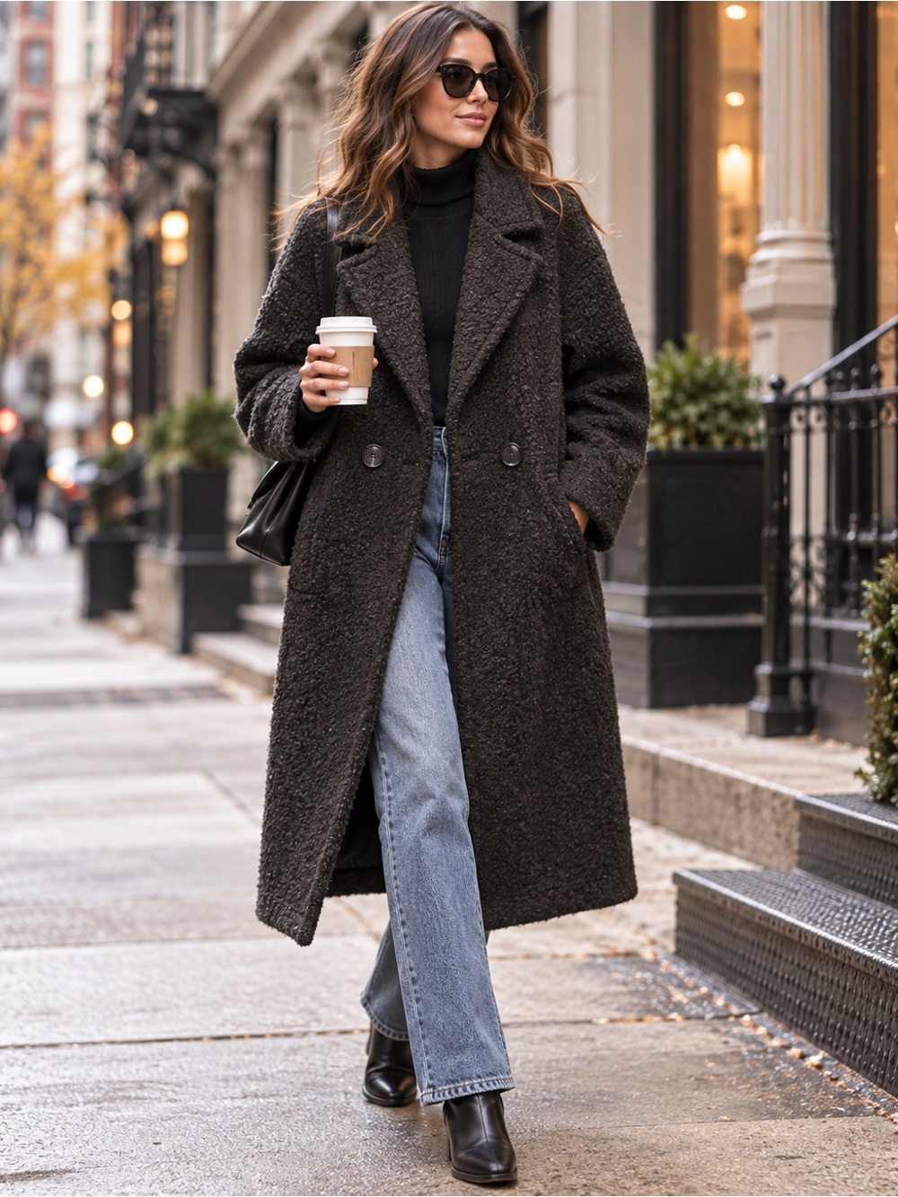 Oversized Boucle Teddy Coat Black Charcoal Longline Double Breasted M BNWOT Luxe